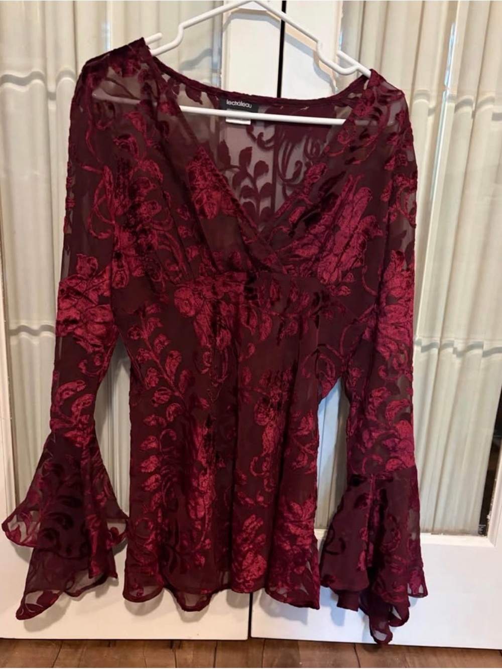 le chateau Burgundy Floral Burnout V-Neck Bell Sleeve Blouse